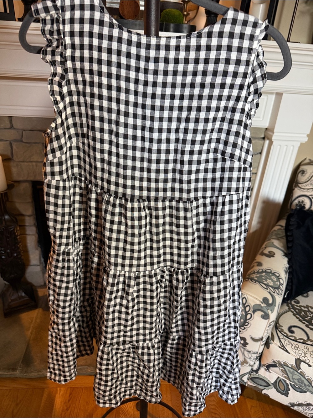 Girls Black & White Gingham Tiered Casual Dress